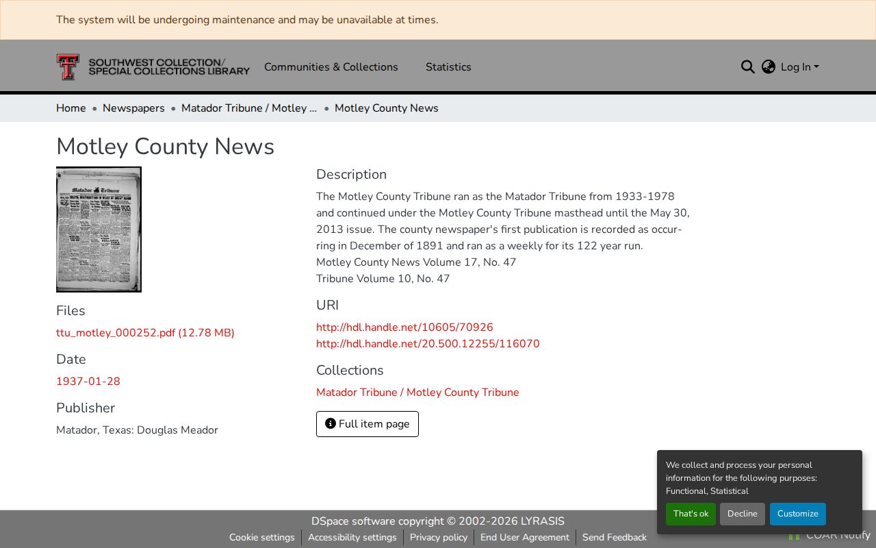 Motley County historical crime news archive source